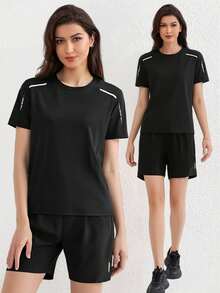 Tricou sport pentru femei, cu mânecă scurtă, elastic și respirabil, potrivit pentru primăvară și vară, negru - Negru - Vizualizare 7