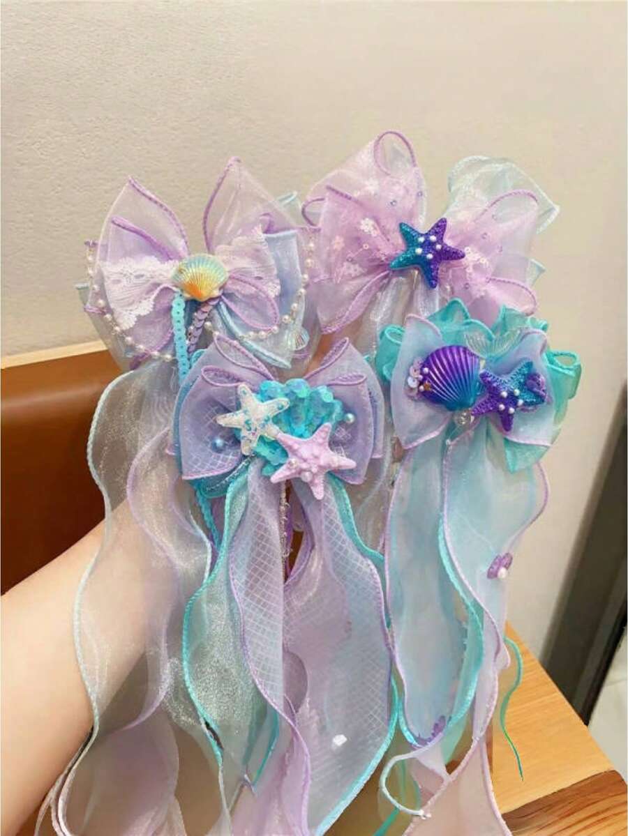 1 件儿童美人鱼发夹，带蝴蝶结，小女孩发饰，公主发型造型工具，带真实产品包装（无纸板） - 彩色 - 查看 1