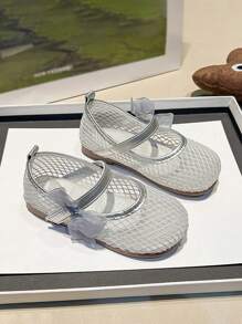 1 Pair Girls Stylish Bowknot Decor Soft Bottom Breathable Mesh Flat Shoes, Suitable For Outdoor Wear, Summer