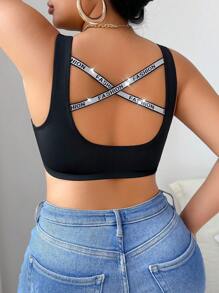 1pc Women Plus Size Solid Color Silver Metallic Lace Front Closure Wireless Bra