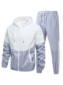 Conjunto de chaqueta con capucha y pantalones deportivos de 2 piezas para hombre, estilo informal con colores contrastados