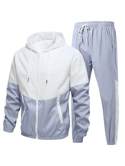 Suit Men's Tops And Pants Two Pieces Sportswear Contrast Color Hooded Jacket And Sweatpants Casual, Fall Clothes