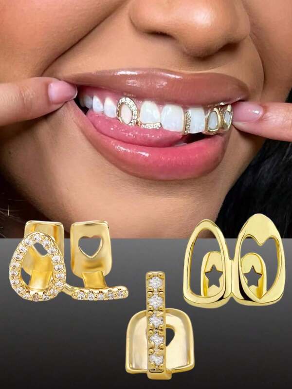 THATBOY 3pcs Fashion Personalized Hip Hop Jewelry Grillz Copper Inset Zirconia Hollow Grillz Out Cool Gift For Men And Women