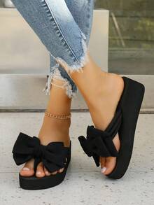 Sandalias con cuña, de moda para mujer, con lazo, para el verano, de uso exterior, antideslizantes y con suela gruesa para la playa - Negro - Ver 6