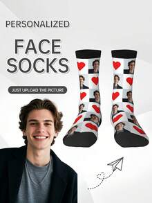 1 Pair Of Socks Men, Custom Personalized Photo, Heat Transfer 360 Degree Printing, Personal Customized Face Pattern, Funny Heart Pattern, Quality Summer Socks, Women's Sports Mid-Calf Socks, Suitable For Daily Wear, Unique Whimsical Gift For Mother's Day, Father's Day And Special Occasions - Multicolor - View 1