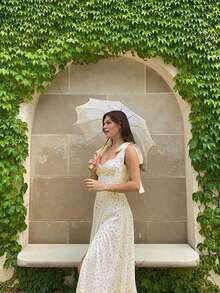 New Spring/Summer V-Neck Spaghetti Strap Lace-Up Loose Fit Polyester Ditsy Floral Backless Sexy Slit Maxi Dress, Vacation Style Boho Dress - Yellow - View 11