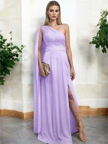 Vestido Elegante Asimetrico con Abertura Lateral y Holgado de la Parte Inferior Hombro Descubierto con Capa - Lila Púrpura - Ver 3
