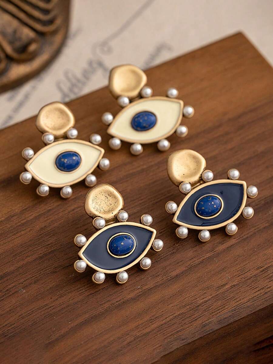 一对复古珍珠和珐琅吊坠耳环，复古独特小耳环