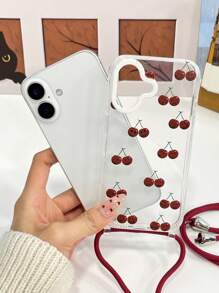 1 pieza Funda de teléfono con cordón con expresión de cereza, 1 pieza Correa desmontable de 4 mm de grosor, Correa para el hombro/Bandolera, Anillo protector del objetivo de la cámara de alta protección, Funda suave de TPU transparente para 15 Pro Max / 15 Pro / 15 Plus / 11 / 12 / 12 Pro Max / 13 / 13 Pro Max / 14 / 14 Pro Max / 14 Plus / 16 / 16 Pro / 16 Plus / 16 Pro Max
