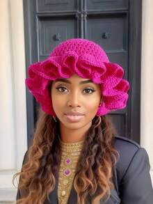 1pc Women Handmade Crochet Ruffle Brim Knit Cap, Stylish Ruffled Knitted Hat For Autumn/Winter - Solid Color - View 16