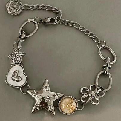 1 件时尚复古 Y2K 嘻哈星心形装饰链式手链，适合女士，适合夏季、节日派对、海滩、舞蹈