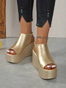 Elegant Ladies Open Toe Wedge Sandals, Casual Thick Bottom Sandals, Comfortable Buckle Strap Sandals - Gold - View 4