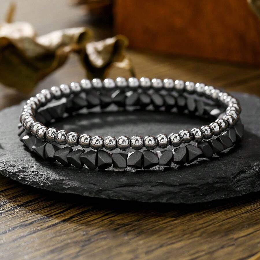 RINTOLER 2pcs Asymmetrical Beaded Bracelet For Men - Black - View 1