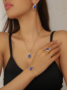 Neues koreanisches elegantes Schmuckset mit tränenförmigen Strass: Halskette, Ohrringe und Ring; luxuriöses minimalistisches Halsketten-Set mit Diamanten, stilvoller und modischer Büro-Lady/Braut Accessoire