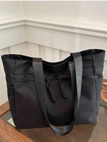 Fashion Versatile Solid Color New Tote Bag, Casual Minimalist Texture Contrast Color Shoulder Bag - Black - View 9