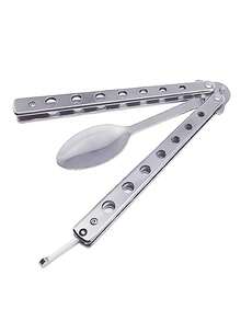 1pc Stainless Steel Balisong () Outdoor Portable Folding Butterfly Practice Fork & Spoon Butterfly Trainer Knife,School Supplies - Multicolor - View 5