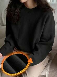 Liuhan Fashions Women's Casual Solid Color Raglan Sleeve Regular Fit Sweater Autumn Winter Thick Warm 2025 New Arrival - 黑色 - 查看 5