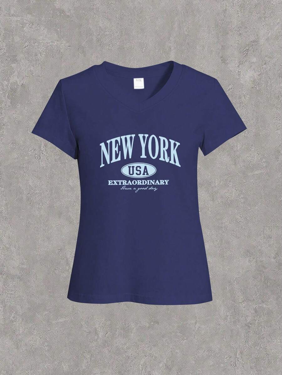 Mädchen im Teenager-Alter amerikanischer Stil V-Ausschnitt Kurzarm T-Shirt mit New York und anderen Schriftzügen, leicht und atmungsaktiv, ideal für den täglichen Gebrauch, ein Muss für den Sommer