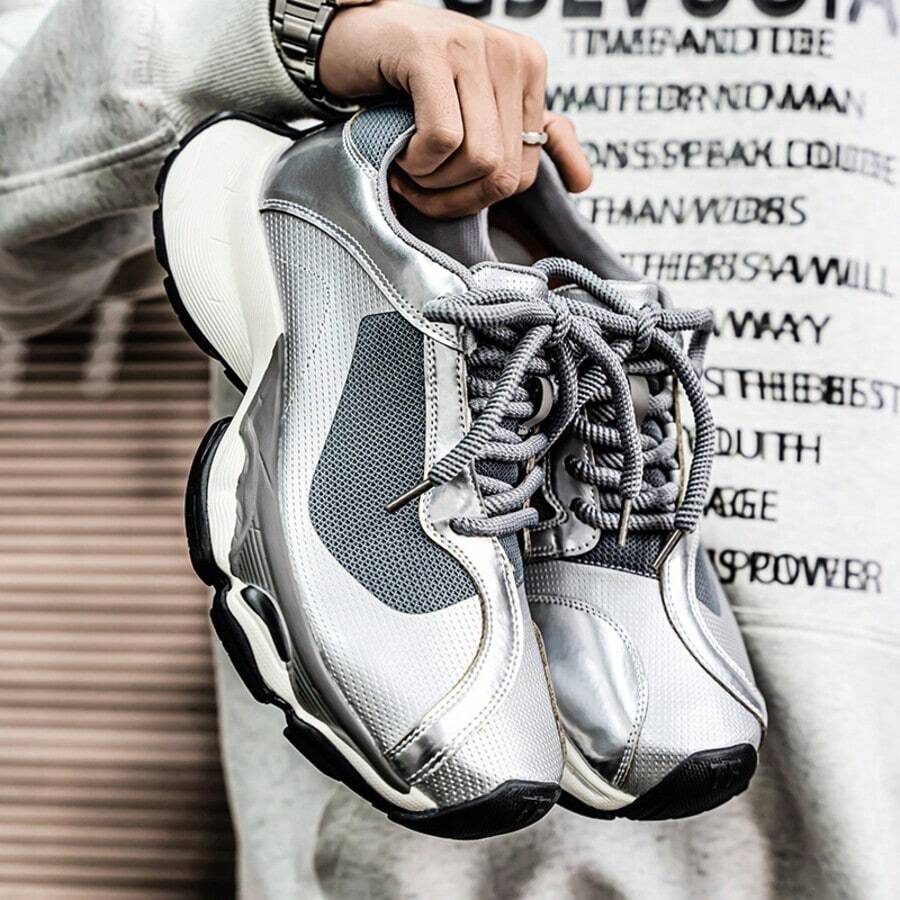 Men's Black Thick-Sole Shock-Absorbing Comfortable Versatile Chunky Sneakers - Silver - View 1