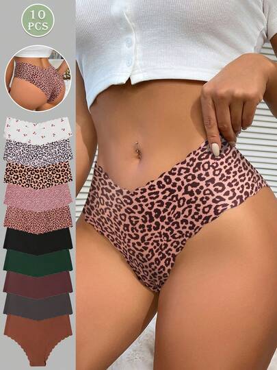 10 件女士无缝内裤，舒适柔软三角裤，猎豹印花性感内裤
