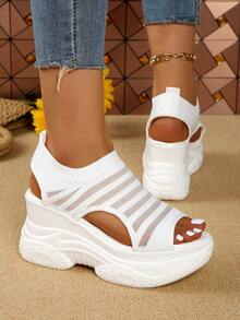Women's Thick Bottom Platform Sandals, Solid Color Athletic Fabric Hollow-Out Wedge Thick Sole Sport Sandals, Outdoor, Summer - White - View 4