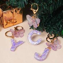 1 Creative Keychain With Alphabet Stone Drops Glue Resin Accessories Butterfly Fringe Alphabet Pendant Keychain Girl