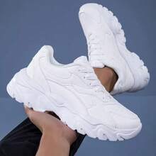 Men's Casual Sports Shoes, Thick Sole, Shock-Absorbing, Wear-Resistant, Soft Bottom, Running Shoes, Fashionable Design, Low-Top, Breathable, Lightweight, Comfortable, Versatile Chunky Sneakers, Suitable For Outdoor Fitness, Running, Sports, Walking - White - View 1