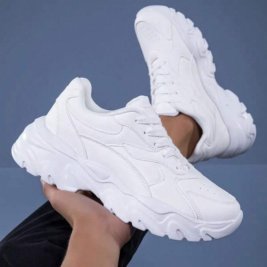 Men's Casual Sports Shoes, Thick Sole, Shock-Absorbing, Wear-Resistant, Soft Bottom, Running Shoes, Fashionable Design, Low-Top, Breathable, Lightweight, Comfortable, Versatile Chunky Sneakers, Suitable For Outdoor Fitness, Running, Sports, Walking - White - View 1