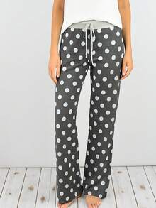 Boho Retro 90's Style Stripe Floral Drawstring Fold Over Band Wide Leg Lounge Pants - Charcoal - View 4