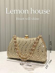 1pc Elegant Gold Rhinestone Clutch Bag, Fashionable Shiny Box-Shaped Evening Bag, Lady-Like Handbag With Detachable Shoulder Strap, Suitable For Wedding, Banquet, Party, Gala Events - Gold - View 3
