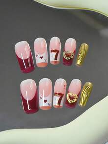24 件中号方形按压指甲，扑克牌设计，红色渐变和金属金色点缀，3D 金色心形指甲饰物，亮面假指甲，包含指甲胶和指甲锉，非常适合派对美甲和节日造型 美甲用品 - 紅白色 - 查看 5