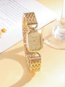 1pc Simple Elegant Rhinestone Accented Square Dial Steel Strap Quartz Watch For Teens, Suitable For Birthday, Graduation Gifts - Gold - View 4