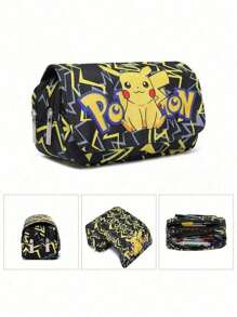 Bolsa de lápices con estampado completo de Pokémon, de doble capa con solapa, para lápices, labiales, brochas, productos de cuidado de la piel, teléfonos móviles, monedas, artículos pequeños, para el hogar, regalos, vacaciones y festivales como Halloween y Navidad. Bolsa multifuncional para la escuela y accesorios escolares.