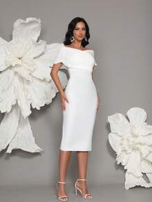 Off-Shoulder Knitted Bandage Dress, Elegant Luxury European Style, Sexy Bodycon Slit Hem Evening Gown - White - View 6