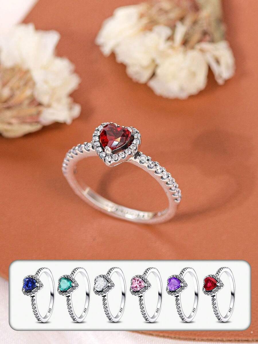 1枚闪亮立方氧化锆心形订婚戒指，女士S925纯银承诺戒指，永恒戒指，情人节送给她的优雅珠宝礼物