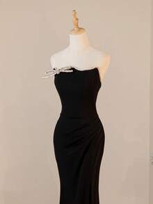 Vestido de dama de honor ajustado y acampanado con abertura lateral y decoración de moño con diamantes de imitación, elegante, formal, vestido de fiesta, vestido, para eventos, invitado de boda - Negro - Ver 6