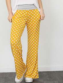 Boho Retro 90's Style Stripe Floral Drawstring Fold Over Band Wide Leg Lounge Pants - Yellow - View 1