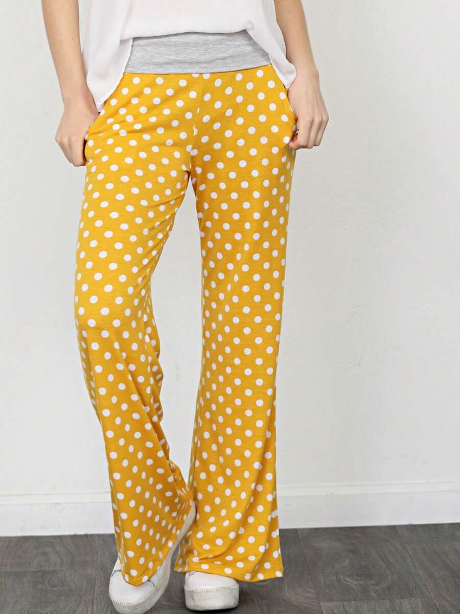Boho Retro 90's Style Stripe Floral Drawstring Fold Over Band Wide Leg Lounge Pants - Yellow - View 1
