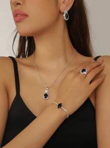 Neues koreanisches elegantes Schmuckset mit tränenförmigen Strass: Halskette, Ohrringe und Ring; luxuriöses minimalistisches Halsketten-Set mit Diamanten, stilvoller und modischer Büro-Lady/Braut Accessoire