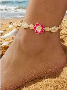 2pcs Bohemian Beach Vacation Style Soft Clay Flower Shell Braided Adjustable Women Necklace & Anklet Set - Pink - View 3