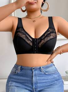 1pc Women Plus Size Solid Color Silver Metallic Lace Front Closure Wireless Bra