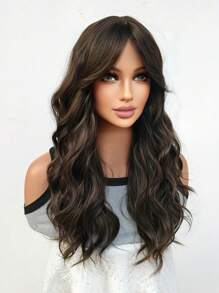 Schwarze und braune lockige Perücken mit Pony, lange gewellte Perücken für Frauen mit natürlichem Aussehen, synthetische Perücke, lange Perücke für den täglichen Gebrauch, Cosplay Party