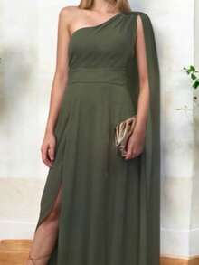 Vestido Elegante Asimetrico con Abertura Lateral y Holgado de la Parte Inferior Hombro Descubierto con Capa - Verde militar - Ver 2