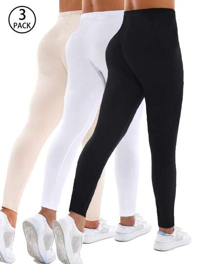3 Packs Women's Fashion Sportswear Leggings, Casual Stretchy Workout Pants For Spring Summer, Black/White/Khaki, Squat Proof High Waist Skinny Tights For Yoga, Fitness, Running, Outdoor Activities