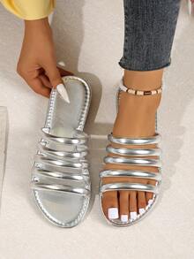Women's Flat Sandals, Striped Shiny Slides, Fashion Comfortable Sandals, Open Toe Chunky Straps Versatile, Slip On - Silver - View 5