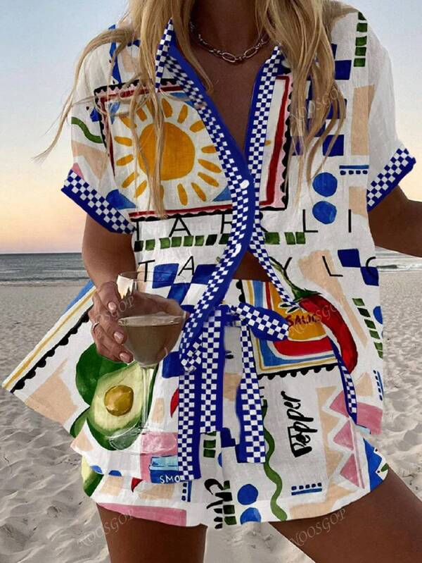 Beach Vacation Spring Summer Geometric Fruit Sun Random Print Loose Button Down Shirt Elastic Waist Shorts Set