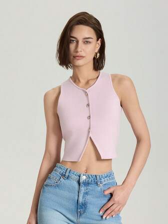 纯色圆领前扣无袖针织短款背心