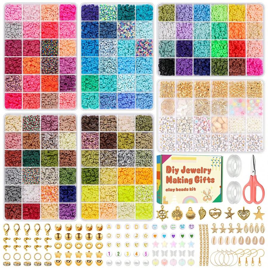 12000pcs/Set Jewelry Making Kit: Polymer Clay Beads, Pendants, Spacers, Black Stone Letter Charms, Elastic Cords For DIY Bracelets - Suitable For Carnival, Back To School, Birthday Parties - Polymer Clay - View 1