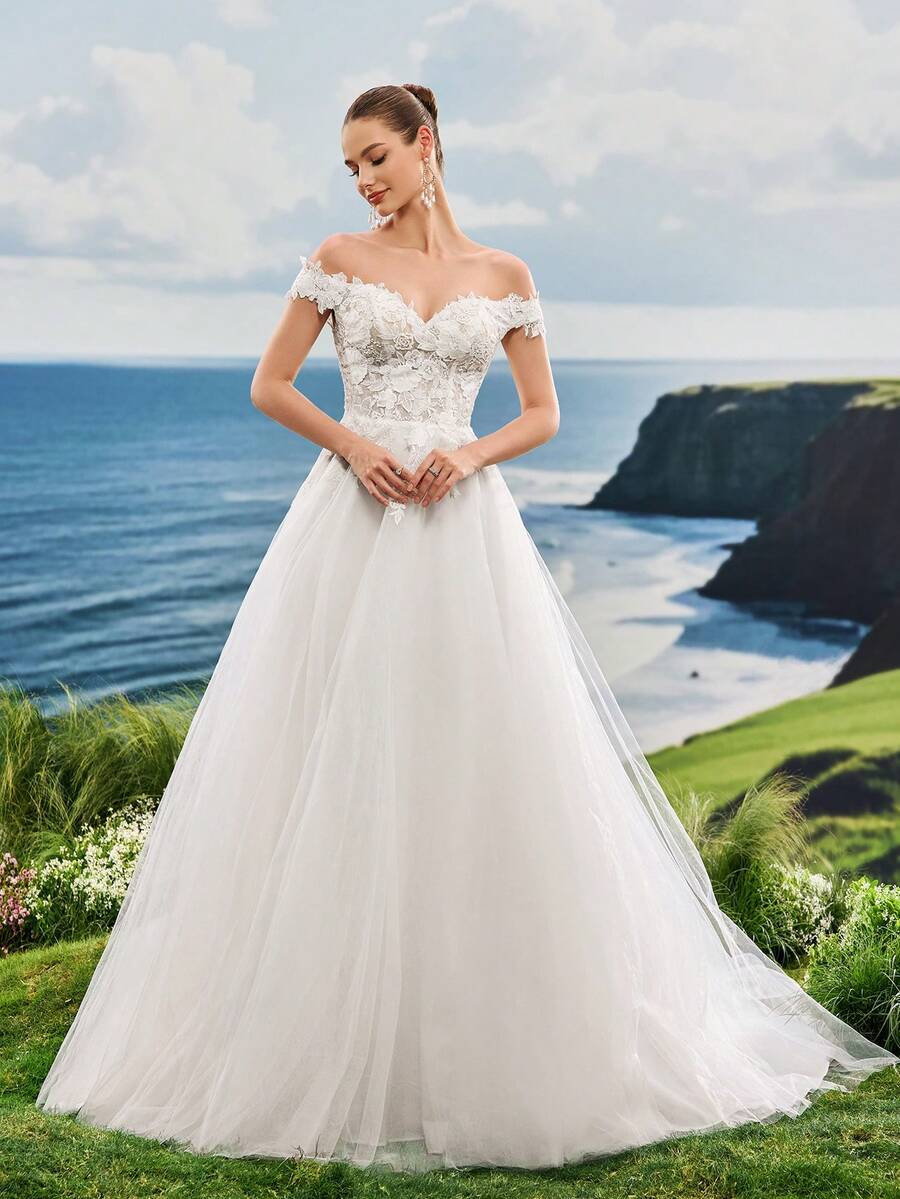 Elasola Đầm dạ hội mùa hè màu trắng ren hoa, đầm cưới dáng chữ A cỡ lớn kiểu cổ tích dành cho cô dâu thanh lịch - trắng - Xem 1