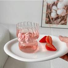 300ml Cute Bow Glass Cup Clear Striped Water Cups Bow-Knot Coffee Drinking Mug Household Fruit Tea Juice Glassware Girls Gift